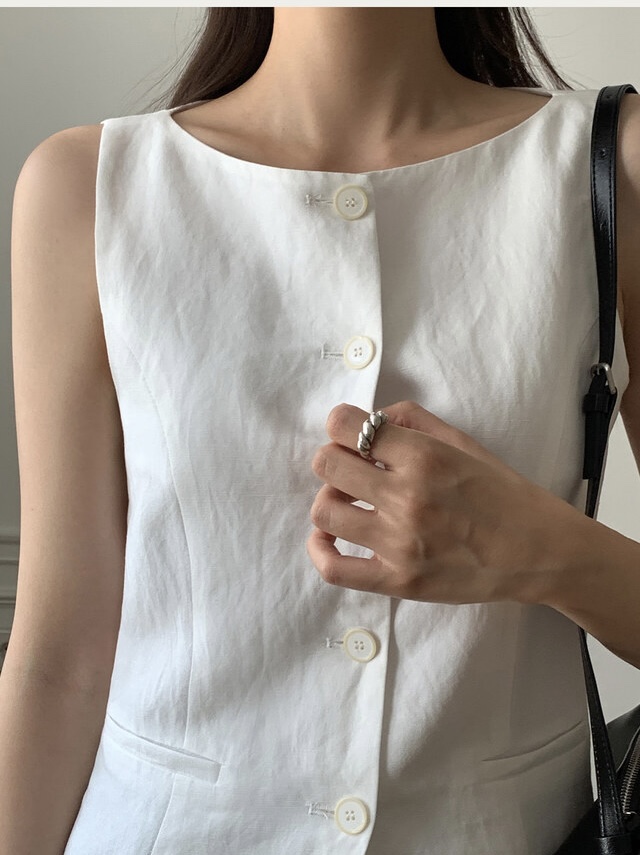 FRILL-T/DADA韓國東大門直郵女士新品26春夏馬甲船領亞麻FRILL-T/DADA馬甲