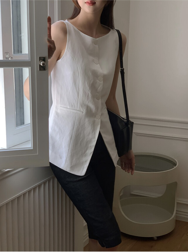 FRILL-T/DADA韓國東大門直郵女士新品26春夏馬甲船領亞麻FRILL-T/DADA馬甲