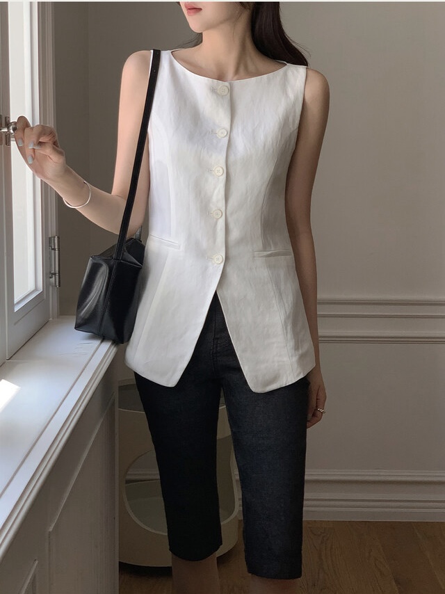 FRILL-T/DADA韓國東大門直郵女士新品26春夏馬甲船領亞麻FRILL-T/DADA馬甲