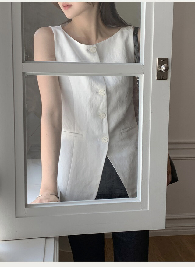 FRILL-T/DADA韓國東大門直郵女士新品26春夏馬甲船領亞麻FRILL-T/DADA馬甲