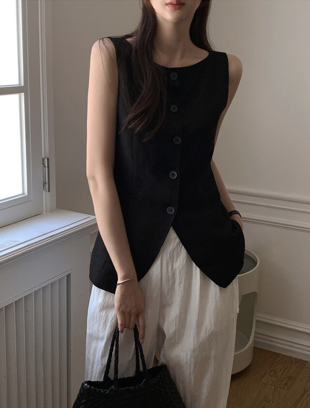 FRILL-T/DADA韓國東大門直郵女士新品26春夏馬甲船領亞麻FRILL-T/DADA馬甲