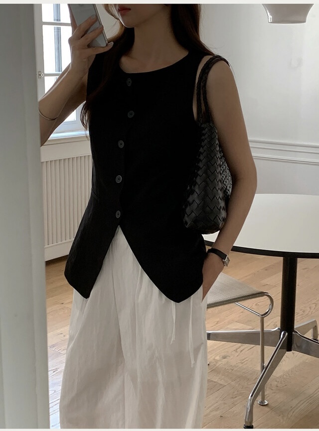 FRILL-T/DADA韓國東大門直郵女士新品26春夏馬甲船領亞麻FRILL-T/DADA馬甲