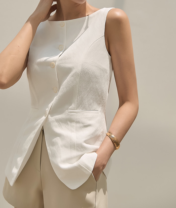 FRILL-T/DADA韓國東大門直郵女士新品26春夏馬甲船領亞麻FRILL-T/DADA馬甲