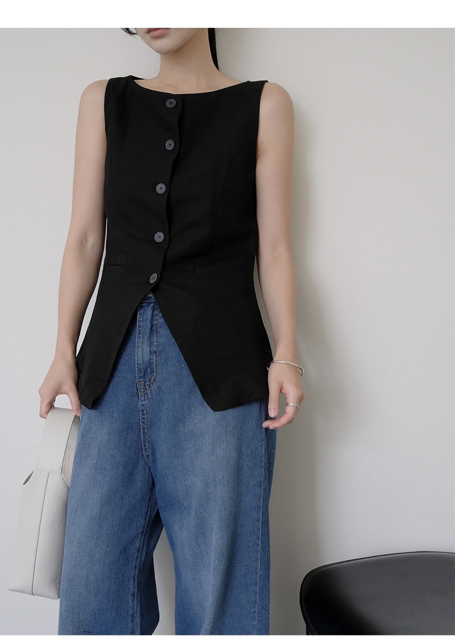 FRILL-T/DADA韓國東大門直郵女士新品26春夏馬甲船領亞麻FRILL-T/DADA馬甲