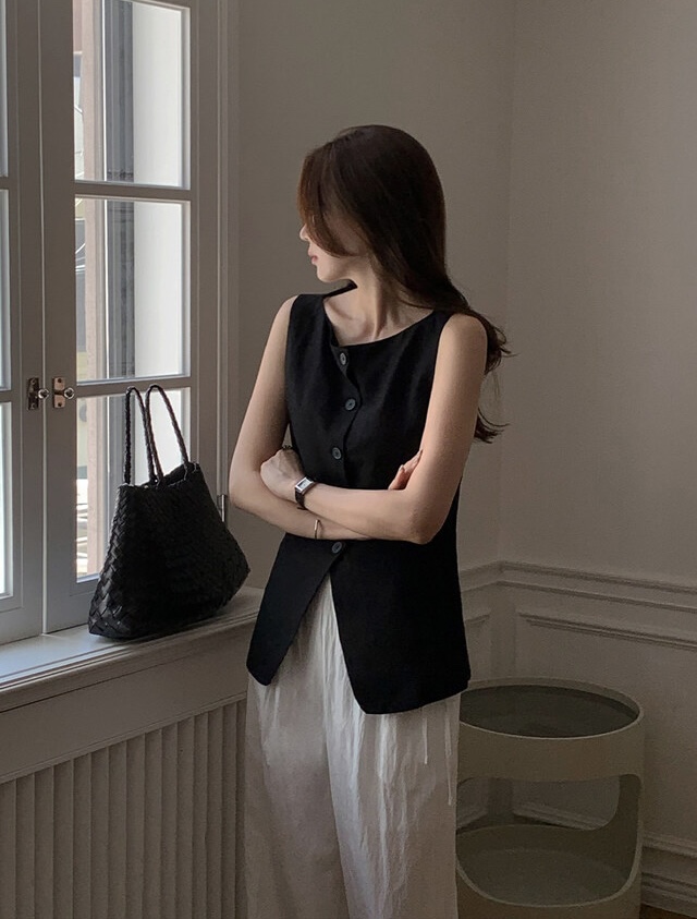 FRILL-T/DADA韓國東大門直郵女士新品26春夏馬甲船領亞麻FRILL-T/DADA馬甲圖色1