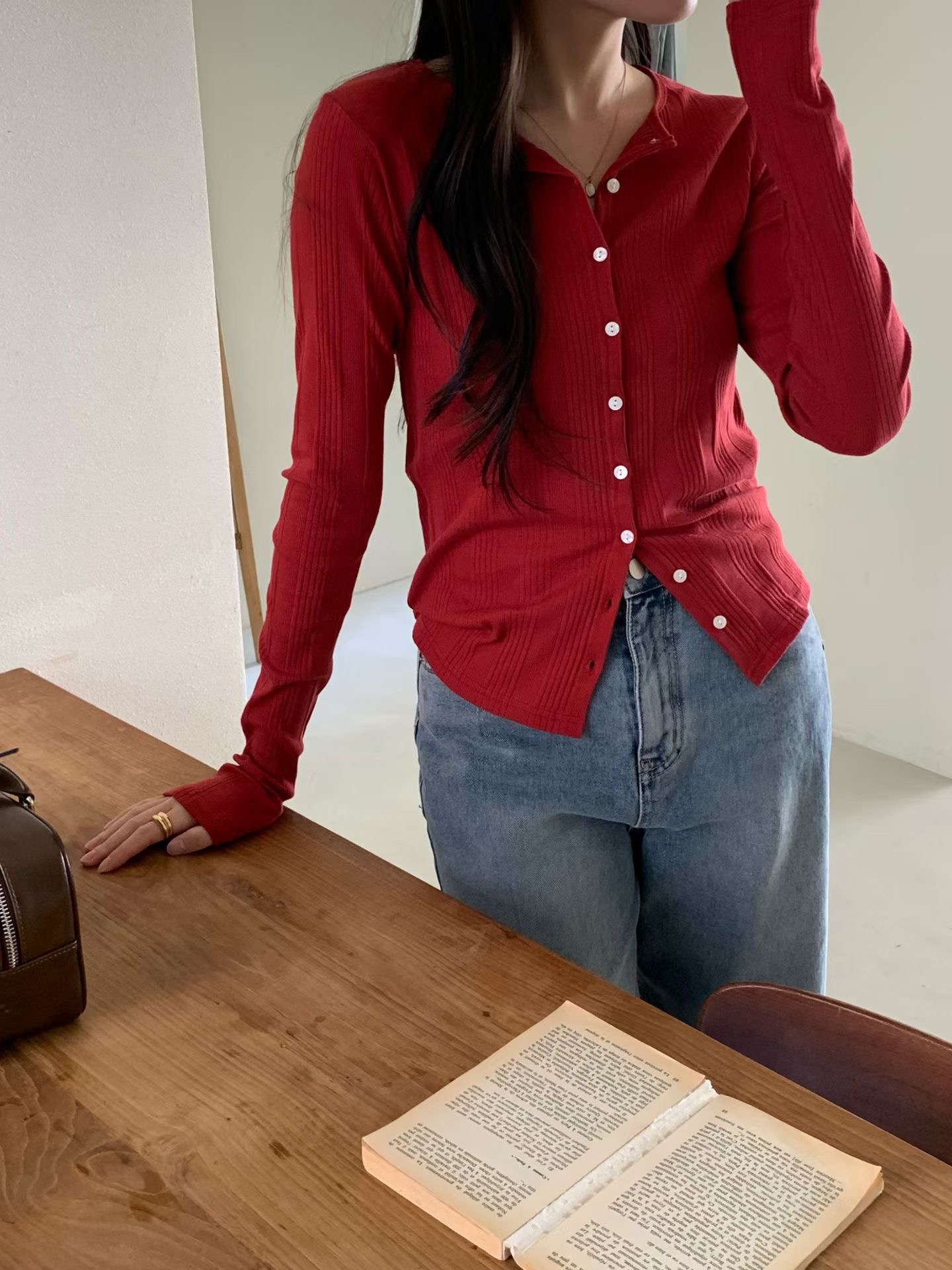 AND韓國直郵實拍女裝新款推薦時尚職業人氣針織衫開衫羅紋AND針織衫圖色1