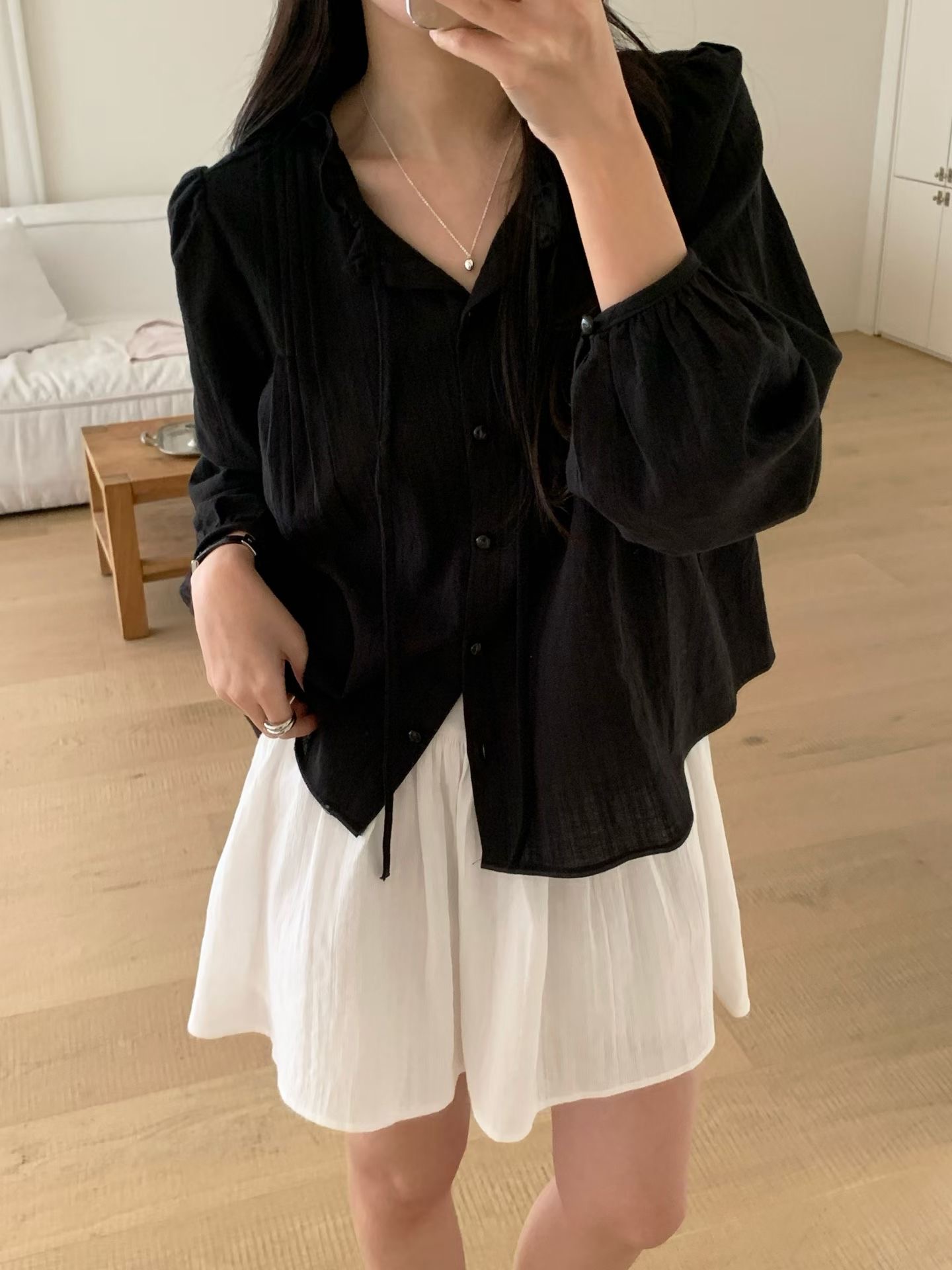 AND韓國直郵女裝新款人氣推薦熱賣時尚休閑襯衫蕾絲衫褶裥AND襯衫/蕾絲衫圖色1