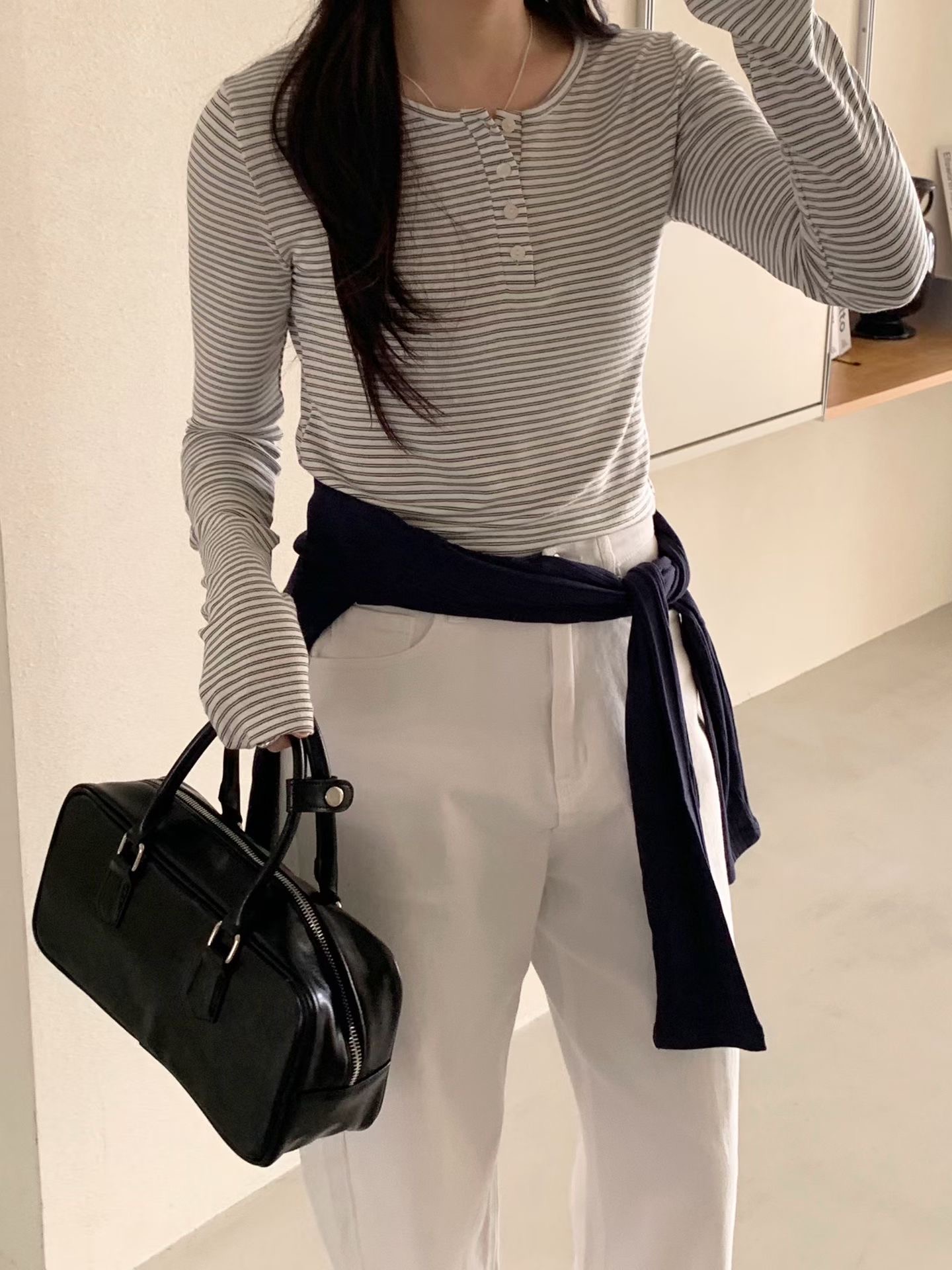 AND韓國東大門直郵女士新款休閑人氣推薦熱賣長袖T恤條紋AND長袖T恤圖色1