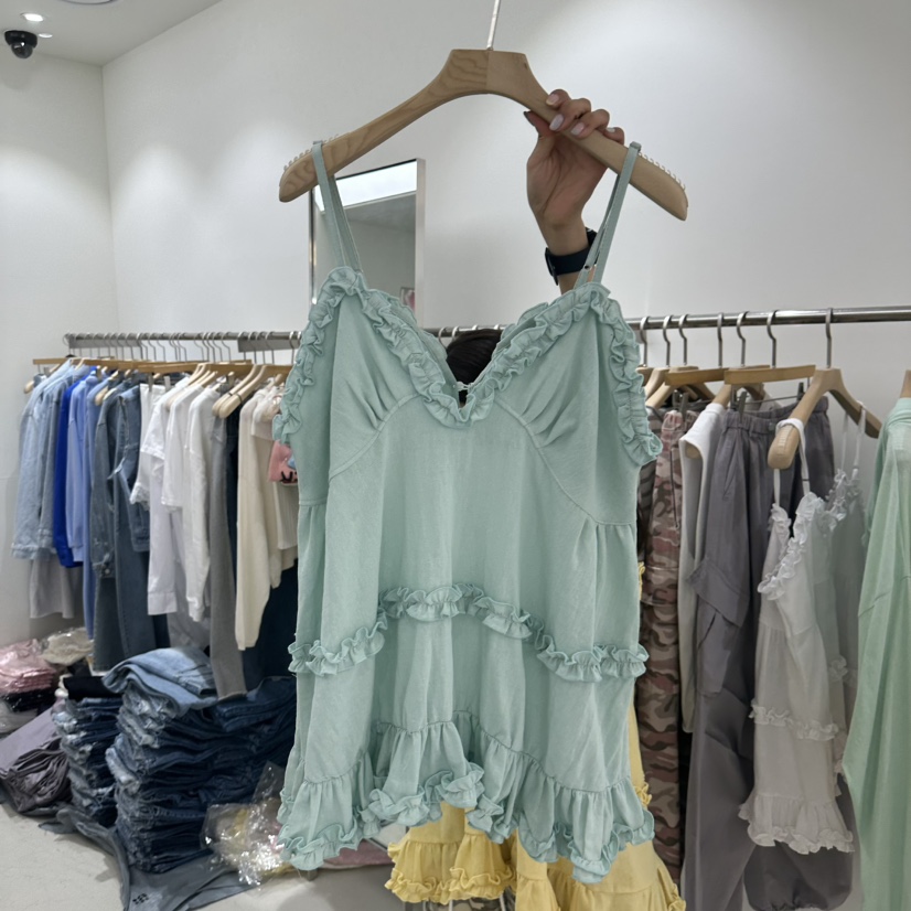 REPELLER韓國直郵女士新品26春夏吊帶背心不含內搭荷葉邊亞麻REPELLER吊帶/背心