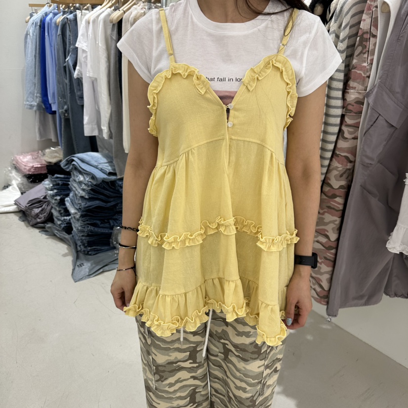 REPELLER韓國直郵女士新品26春夏吊帶背心不含內搭荷葉邊亞麻REPELLER吊帶/背心圖色2