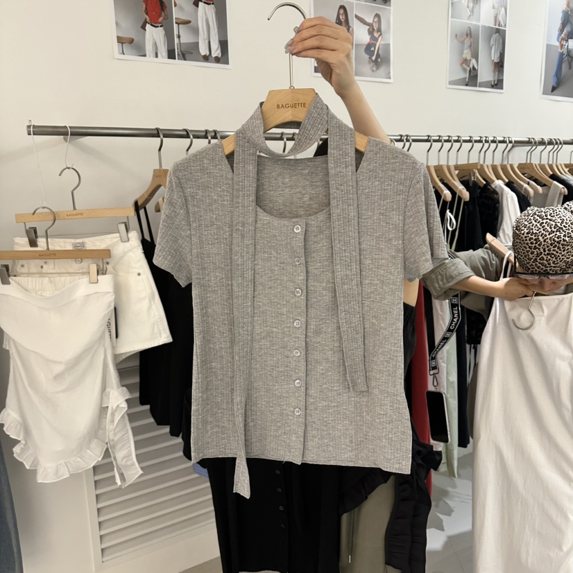 BAGUETTE-P韓國直郵實拍女士新品休閑T恤含脖帶系帶開衫BAGUETTE-PT恤圖色2