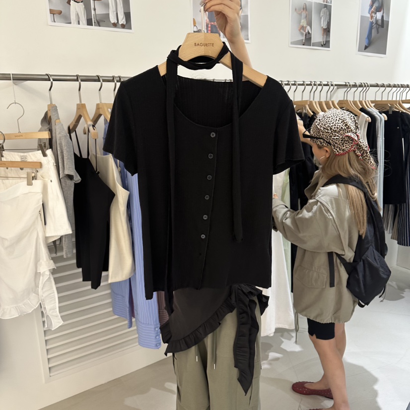 BAGUETTE-P韓國直郵實拍女士新品休閑T恤含脖帶系帶開衫BAGUETTE-PT恤圖色3