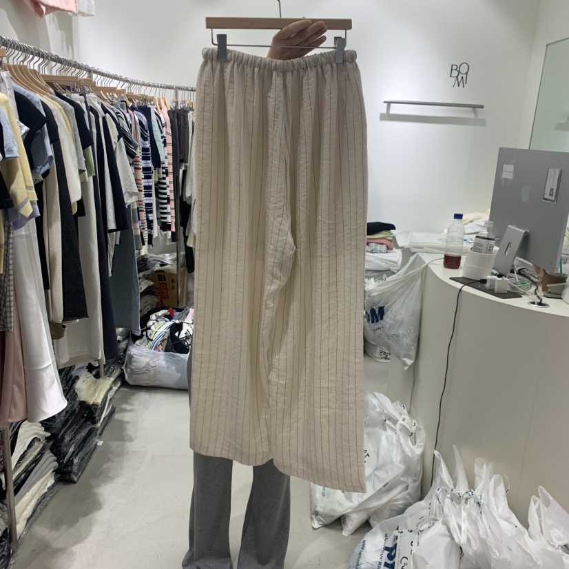BY BOMI韓國代購女士新品人氣推薦時尚休閑休閑褲亞麻條紋BY BOMI休閑褲