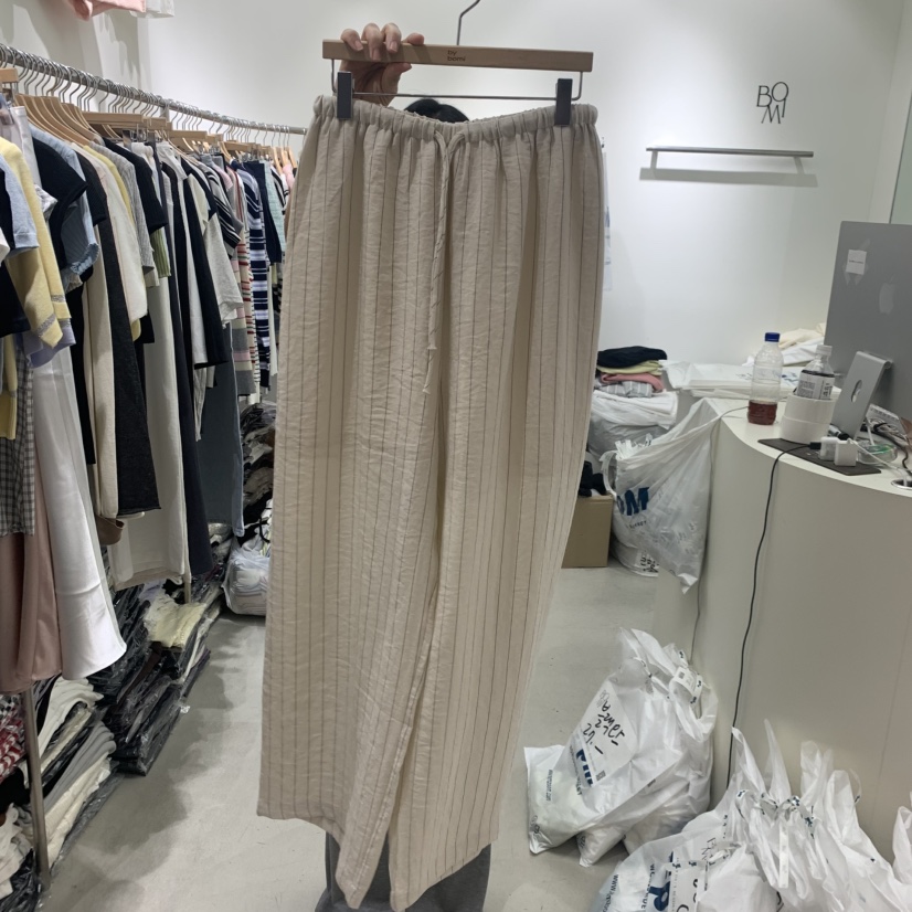 BY BOMI韓國代購女士新品人氣推薦時尚休閑休閑褲亞麻條紋BY BOMI休閑褲圖色1