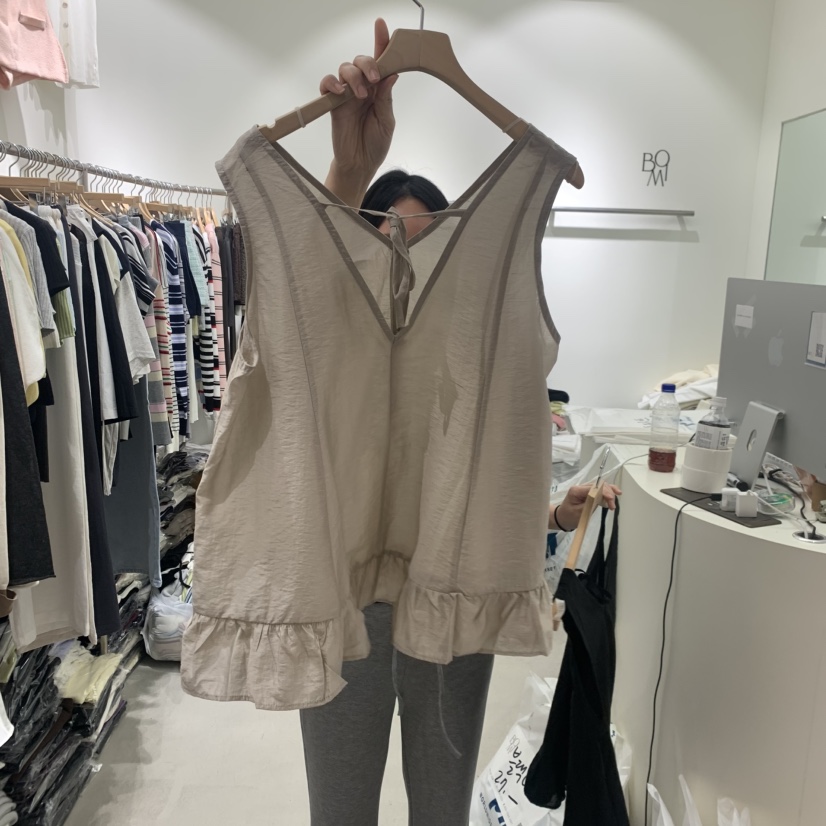 BY BOMI韓國直郵實拍女裝新品職業人氣吊帶背心荷葉邊亞麻BY BOMI吊帶/背心