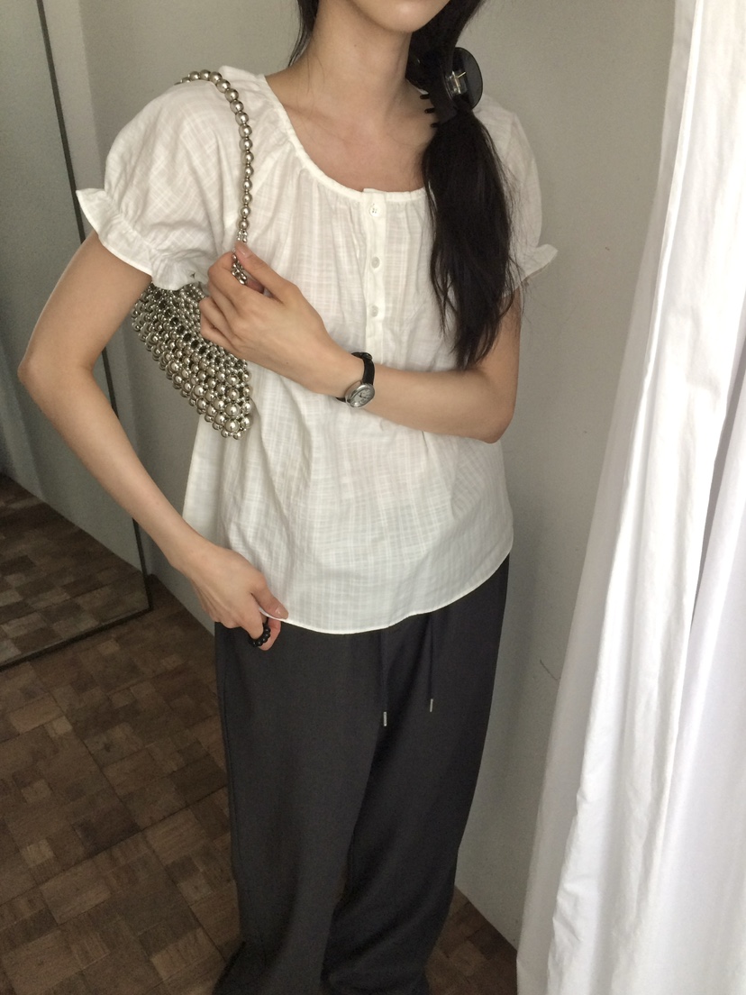 ANOU韓國東大門直郵女裝新款休閑職業推薦襯衫蕾絲衫泡泡袖ANOU襯衫/蕾絲衫