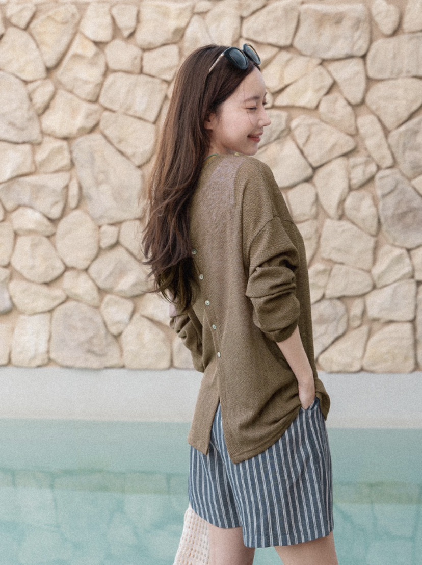 I BLLE韓國代購女裝新品休閑人氣26春夏長袖T恤亞麻紐扣I BLLE長袖T恤