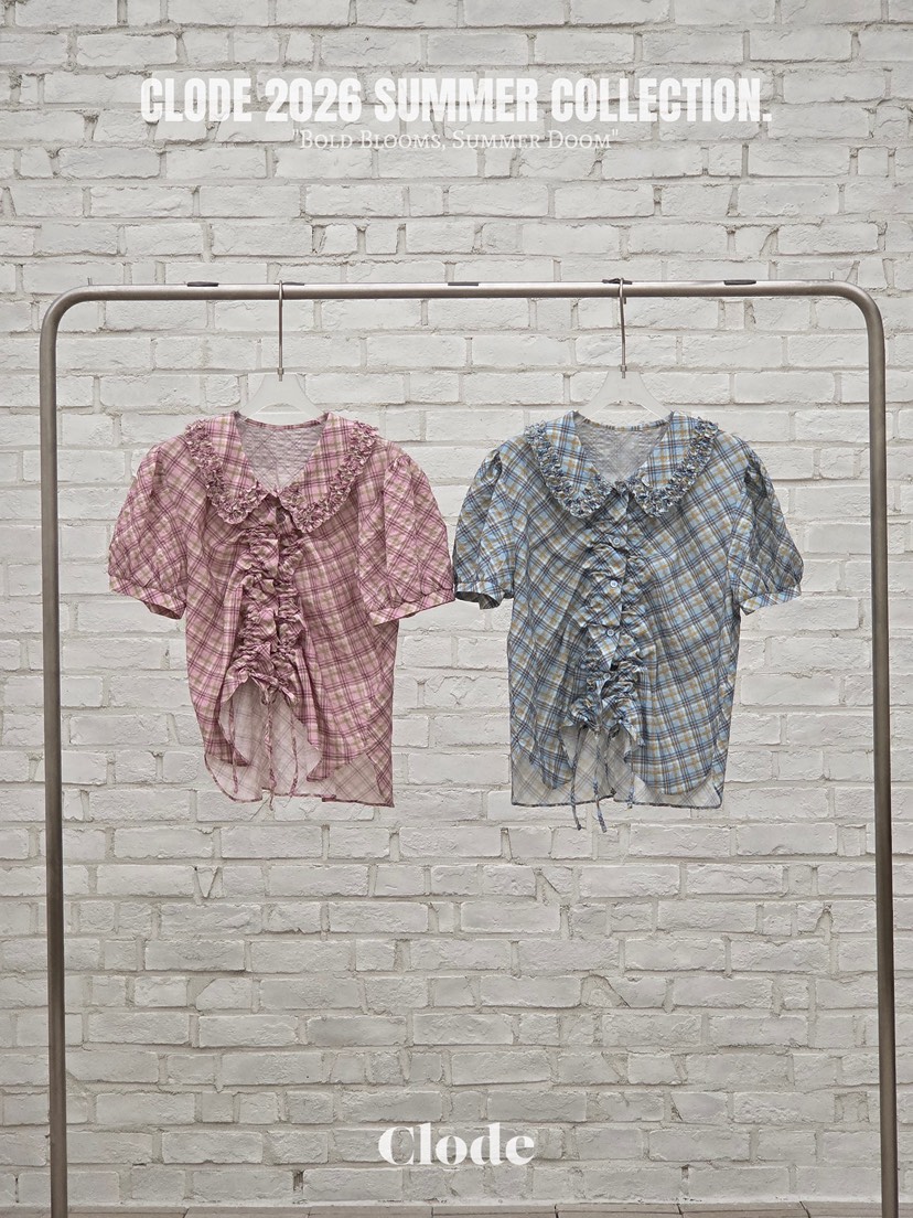 CLODE韓國東大門直郵女裝新品休閑26春夏襯衫蕾絲衫格子褶皺CLODE襯衫/蕾絲衫