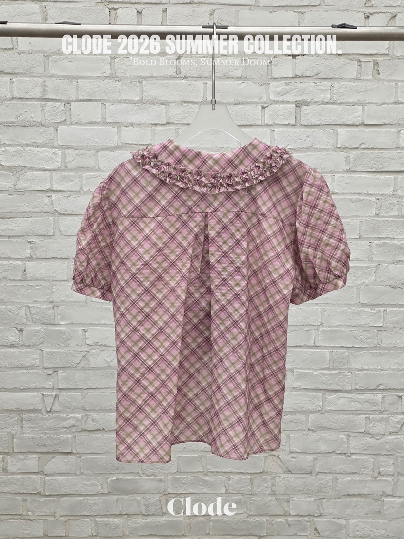 CLODE韓國東大門直郵女裝新品休閑26春夏襯衫蕾絲衫格子褶皺CLODE襯衫/蕾絲衫