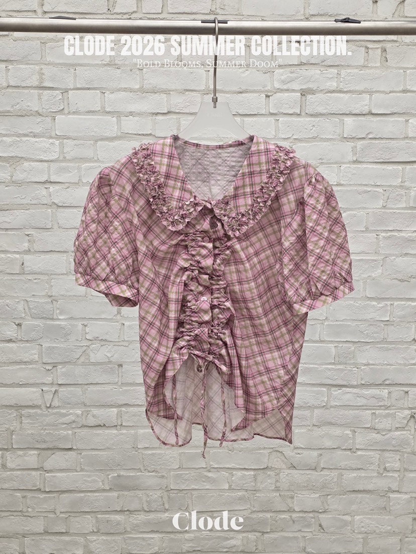 CLODE韓國東大門直郵女裝新品休閑26春夏襯衫蕾絲衫格子褶皺CLODE襯衫/蕾絲衫圖色2