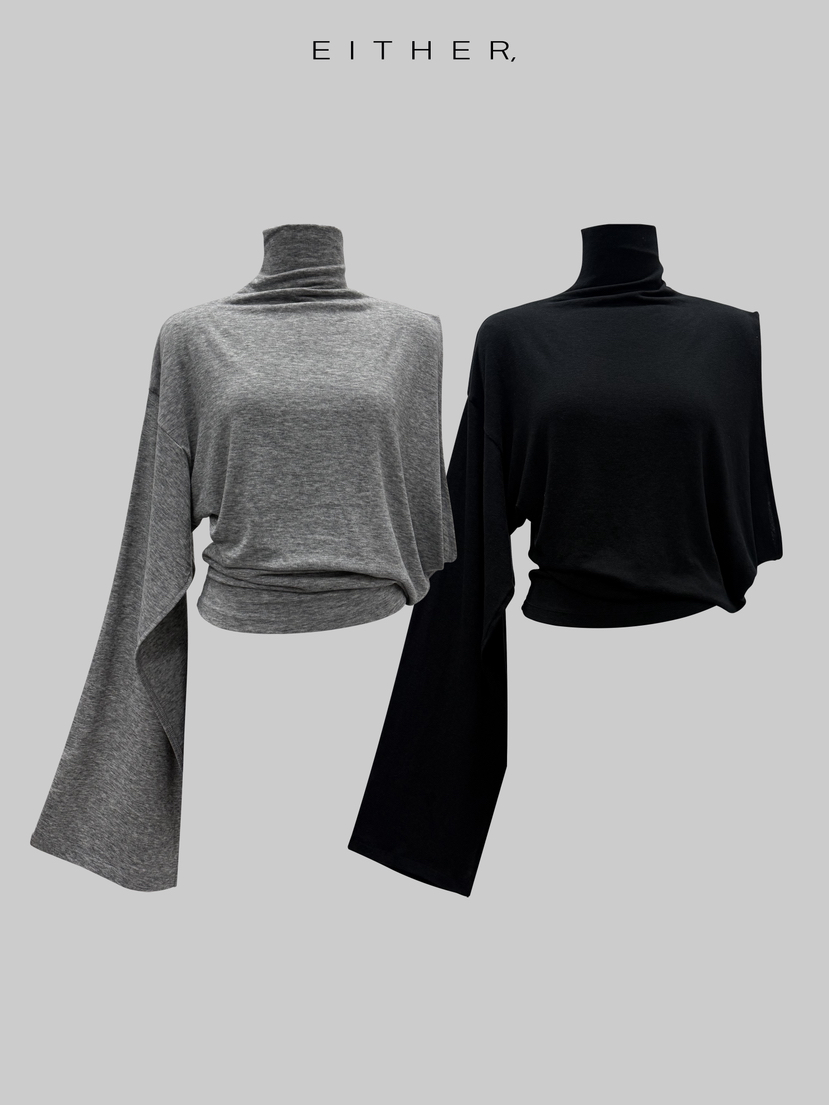 EITHER韓國東大門直郵女裝新品時尚休閑長袖T恤不對稱披肩EITHER長袖T恤