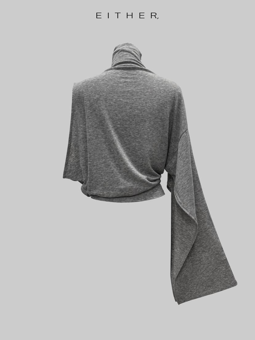 EITHER韓國東大門直郵女裝新品時尚休閑長袖T恤不對稱披肩EITHER長袖T恤