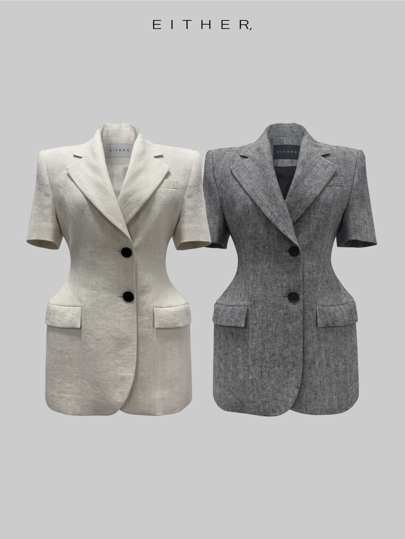 EITHER韓國直郵女裝新款職業休閑人氣時尚夾克人字紋亞麻EITHER夾克