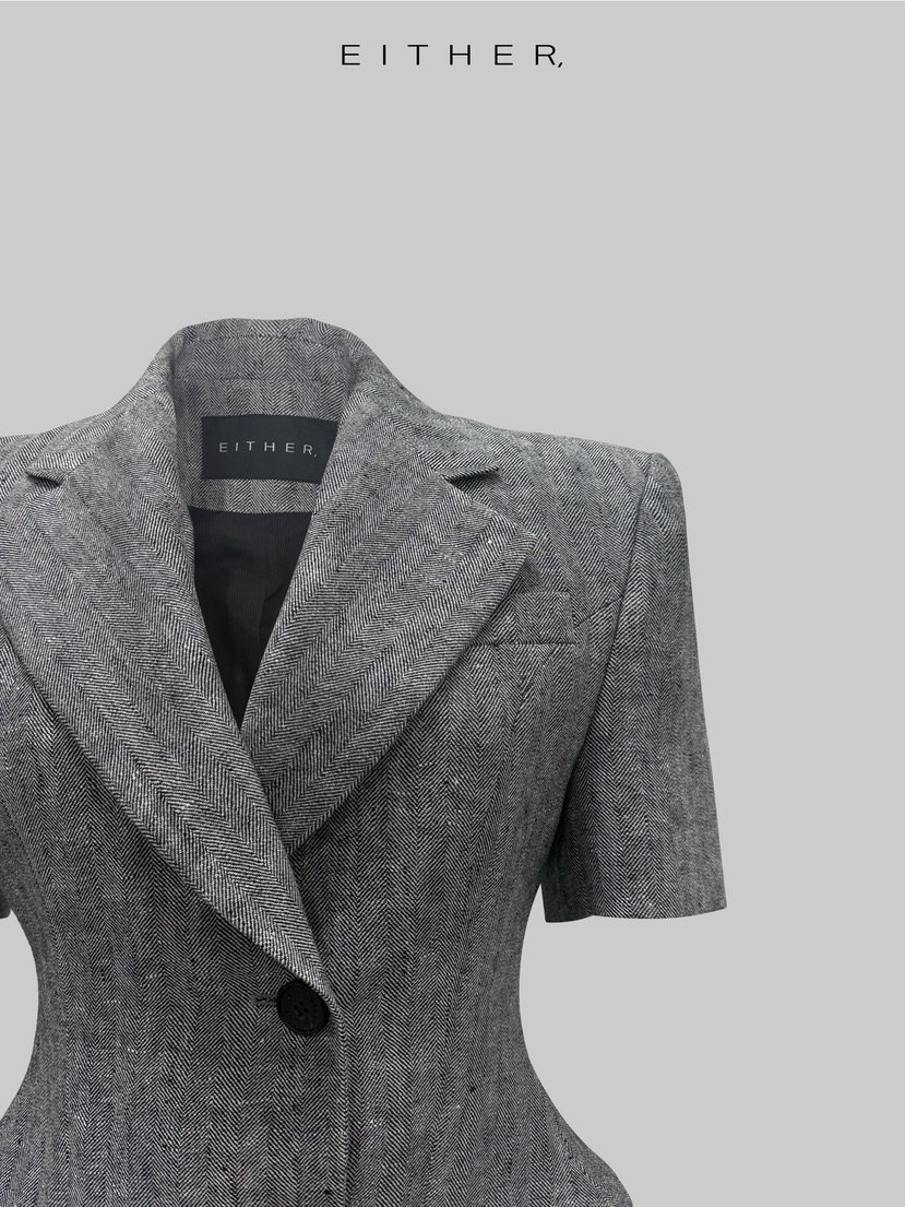 EITHER韓國直郵女裝新款職業休閑人氣時尚夾克人字紋亞麻EITHER夾克