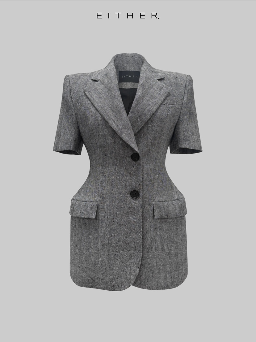 EITHER韓國直郵女裝新款職業休閑人氣時尚夾克人字紋亞麻EITHER夾克圖色2