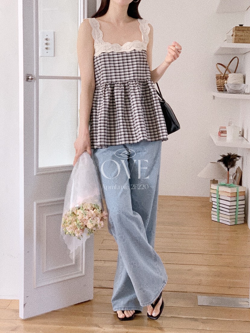 OVE韓國東大門代購女裝新款26春夏熱賣時尚推薦吊帶背心格子OVE吊帶/背心