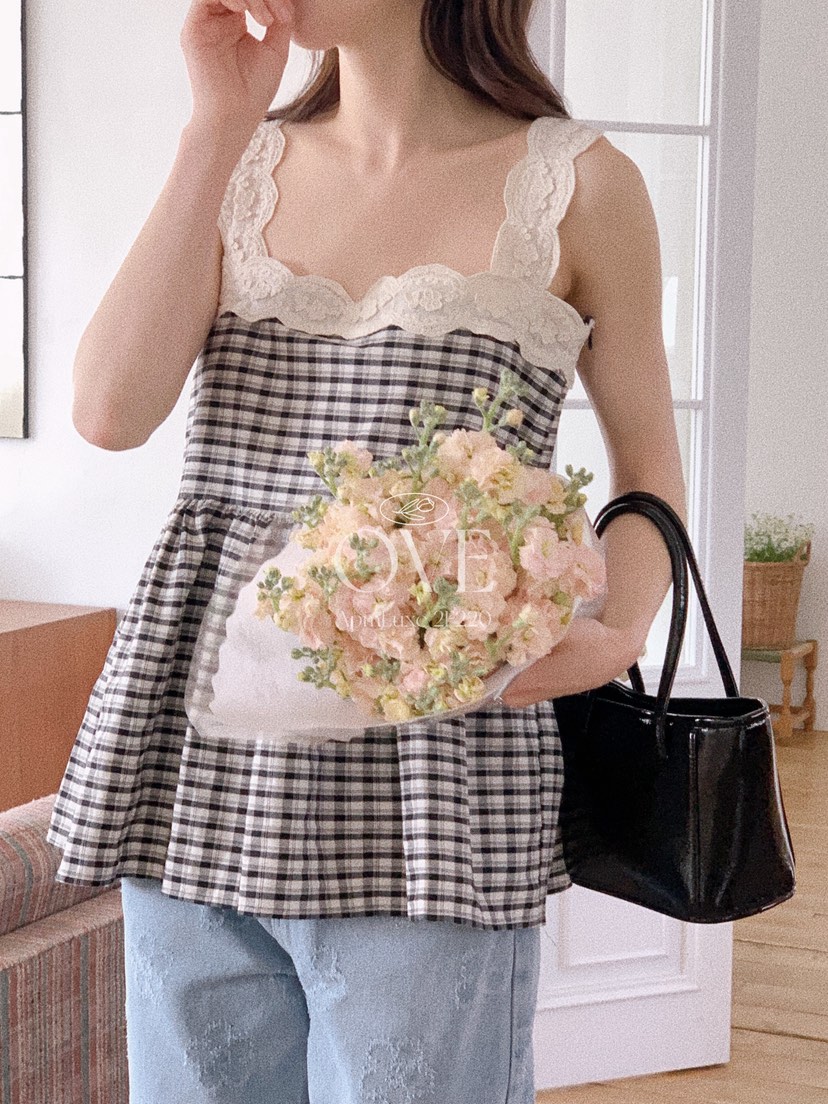 OVE韓國東大門代購女裝新款26春夏熱賣時尚推薦吊帶背心格子OVE吊帶/背心