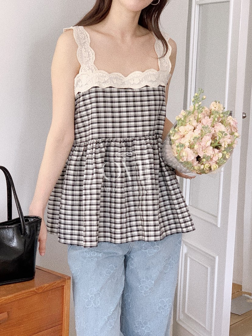 OVE韓國東大門代購女裝新款26春夏熱賣時尚推薦吊帶背心格子OVE吊帶/背心