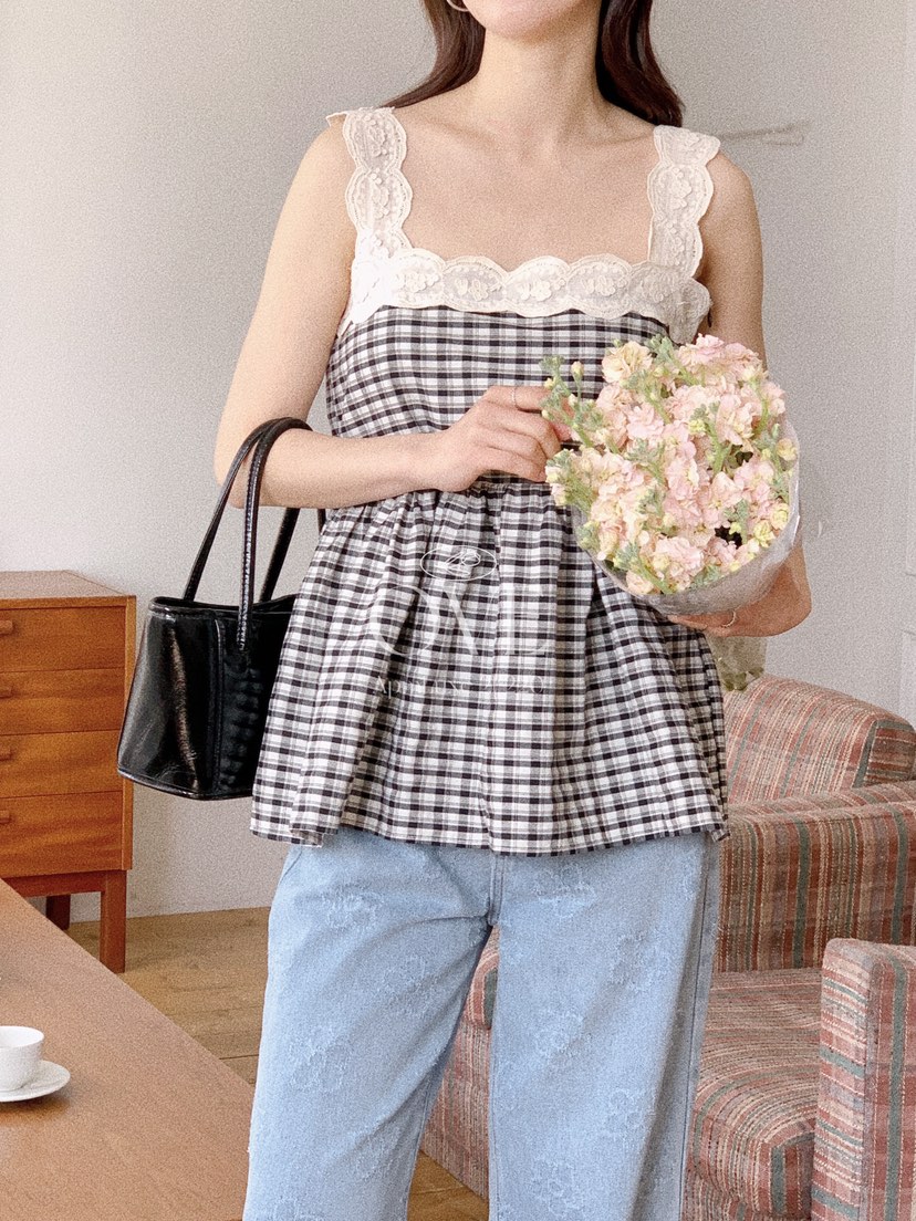 OVE韓國東大門代購女裝新款26春夏熱賣時尚推薦吊帶背心格子OVE吊帶/背心