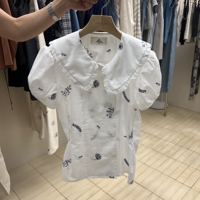 THEPLAN韓國直郵女士新款26春夏推薦休閑職業襯衫蕾絲衫刺繡THE PLAN襯衫/蕾絲衫圖色1