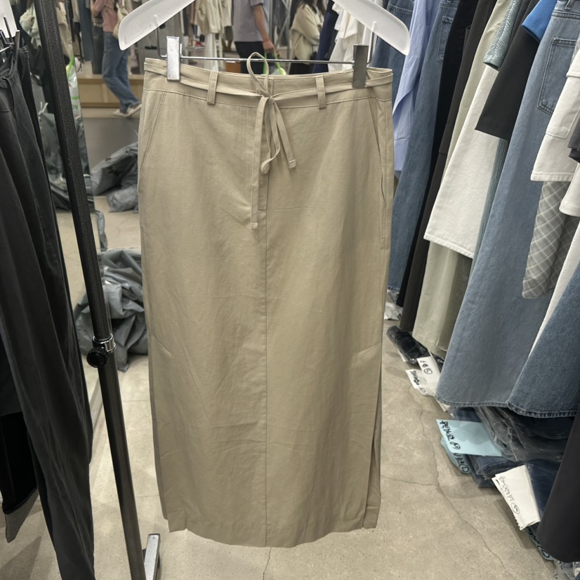 HELVETICA韓國東大門直郵女士新品時尚長裙含腰繩腰帶亞麻開衩HELVETICA長裙圖色1