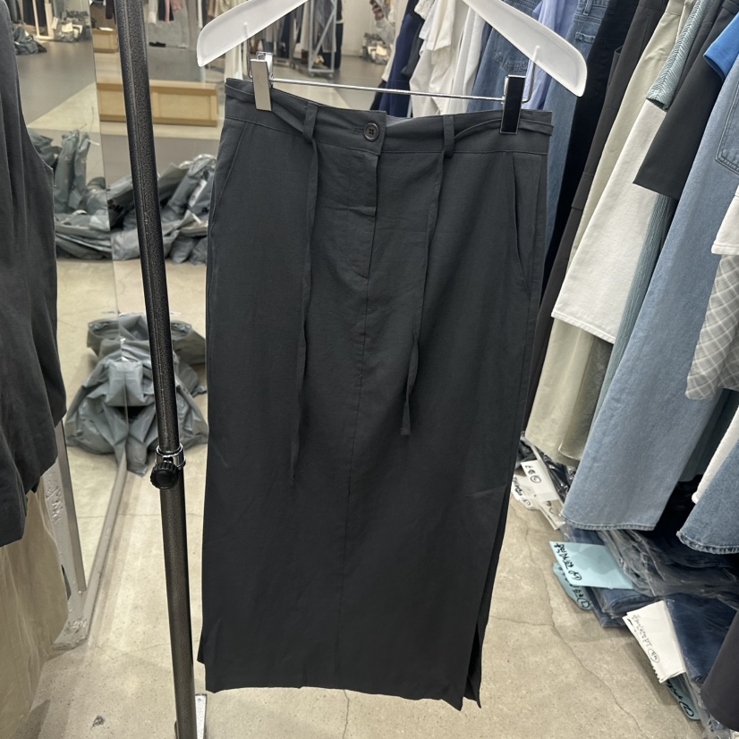 HELVETICA韓國東大門直郵女士新品時尚長裙含腰繩腰帶亞麻開衩HELVETICA長裙圖色2