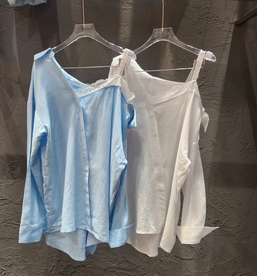 BLACK RIBBON-A韓國代購女裝新品26春夏襯衫蕾絲衫不對稱蕾絲亞麻BLACK RIBBON-A襯衫/蕾絲衫