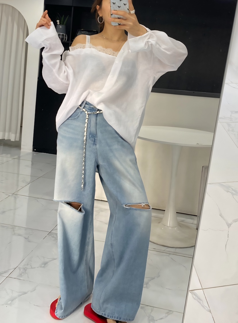 BLACK RIBBON-A韓國代購女裝新品26春夏襯衫蕾絲衫不對稱蕾絲亞麻BLACK RIBBON-A襯衫/蕾絲衫