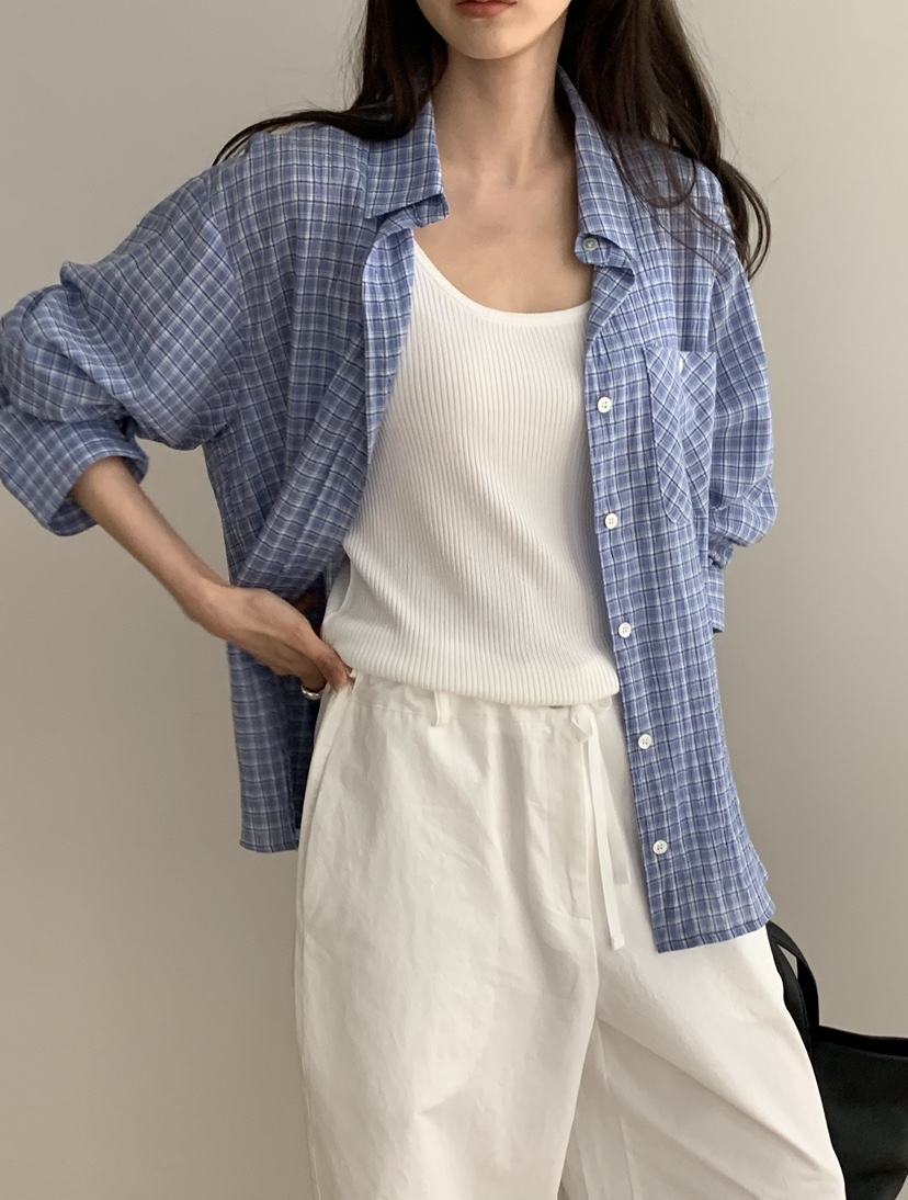 NOTICE韓國東大門直郵女裝新款26春夏職業襯衫蕾絲衫格紋NOTICE襯衫/蕾絲衫