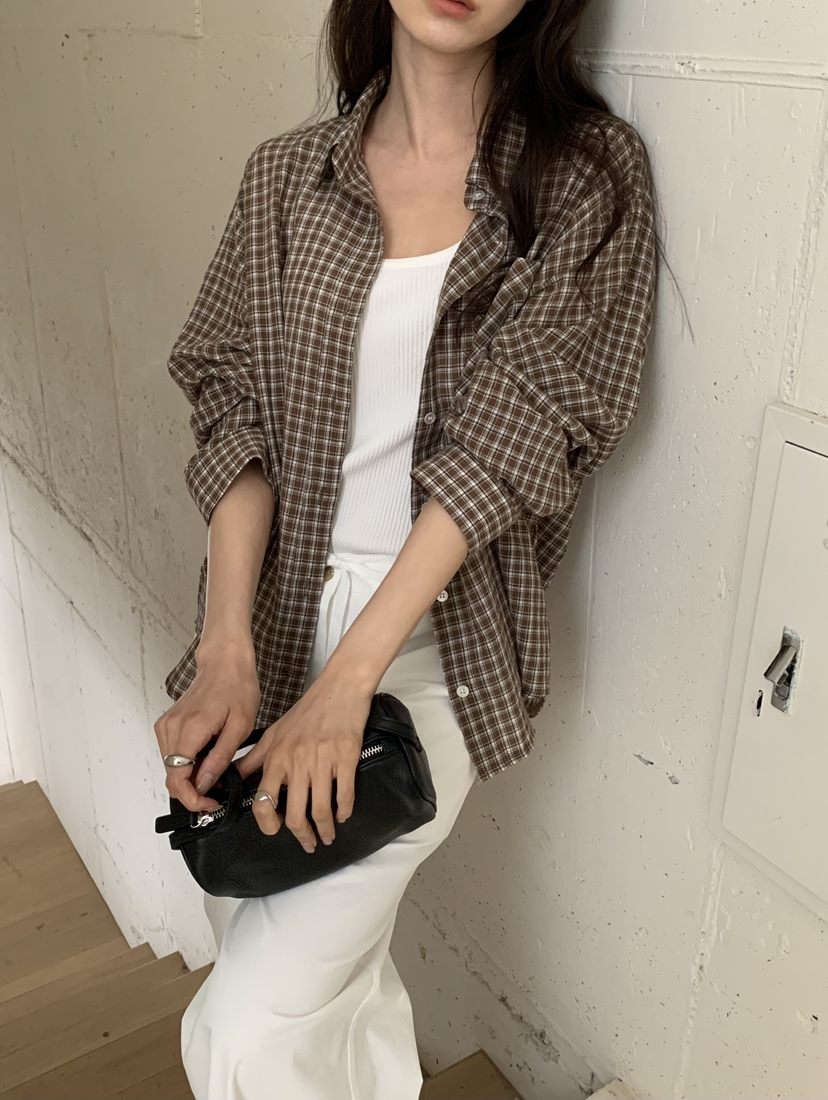 NOTICE韓國東大門直郵女裝新款26春夏職業襯衫蕾絲衫格紋NOTICE襯衫/蕾絲衫