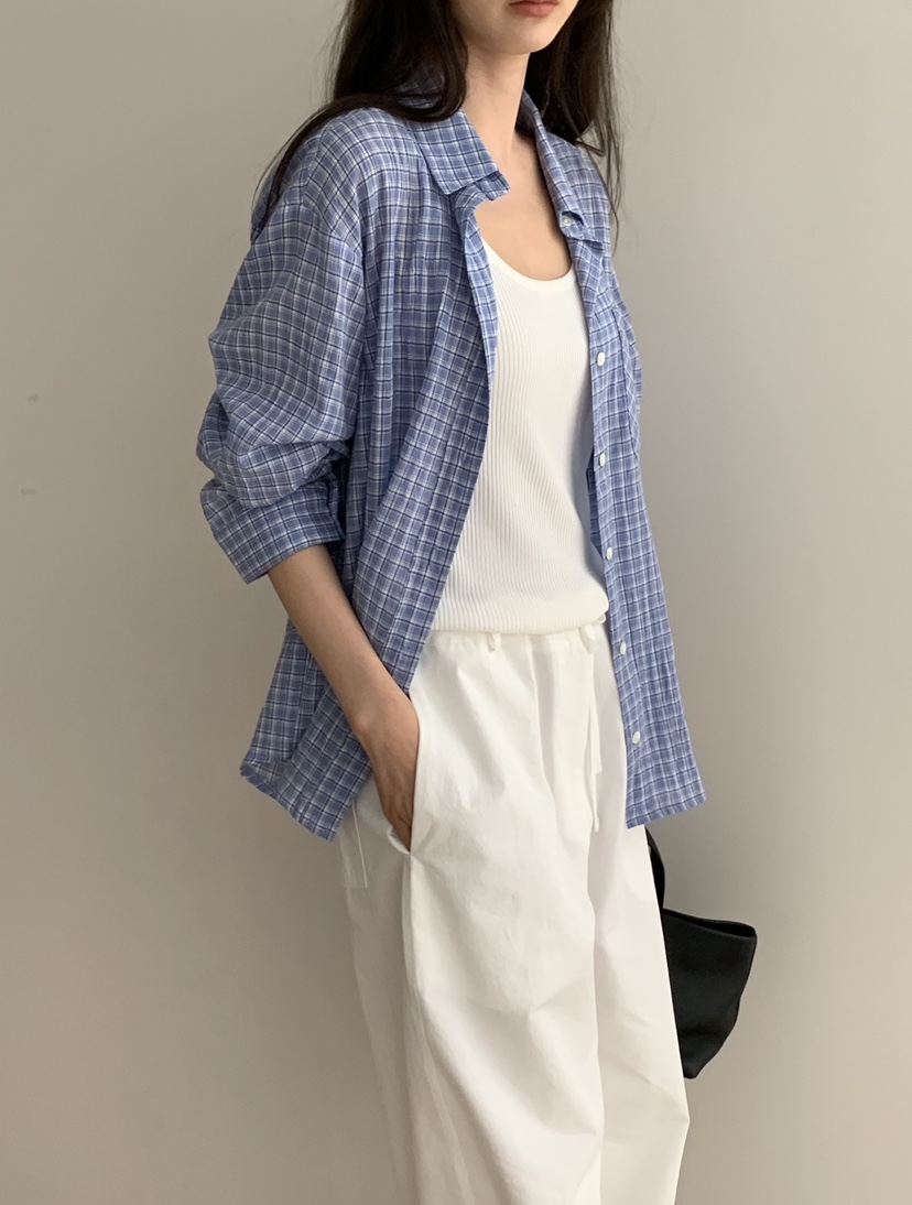 NOTICE韓國東大門直郵女裝新款26春夏職業襯衫蕾絲衫格紋NOTICE襯衫/蕾絲衫