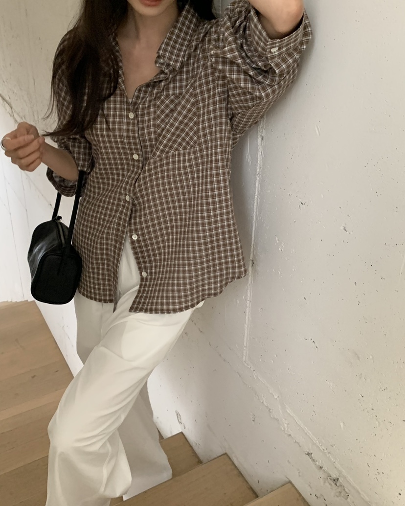 NOTICE韓國東大門直郵女裝新款26春夏職業襯衫蕾絲衫格紋NOTICE襯衫/蕾絲衫