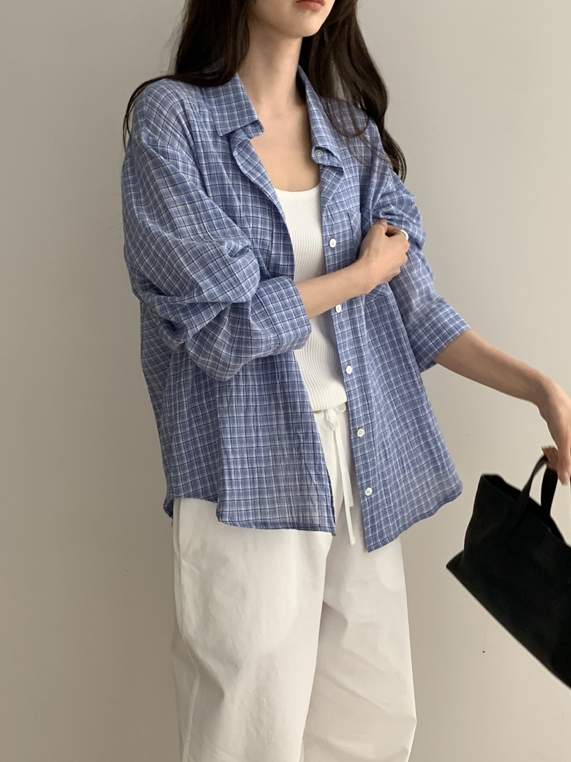 NOTICE韓國東大門直郵女裝新款26春夏職業襯衫蕾絲衫格紋NOTICE襯衫/蕾絲衫