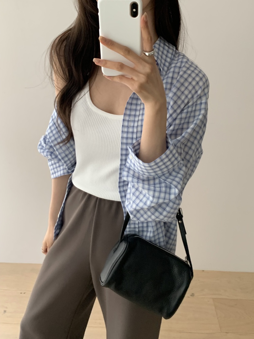 NOTICE韓國東大門直郵女裝新款26春夏職業襯衫蕾絲衫格紋NOTICE襯衫/蕾絲衫