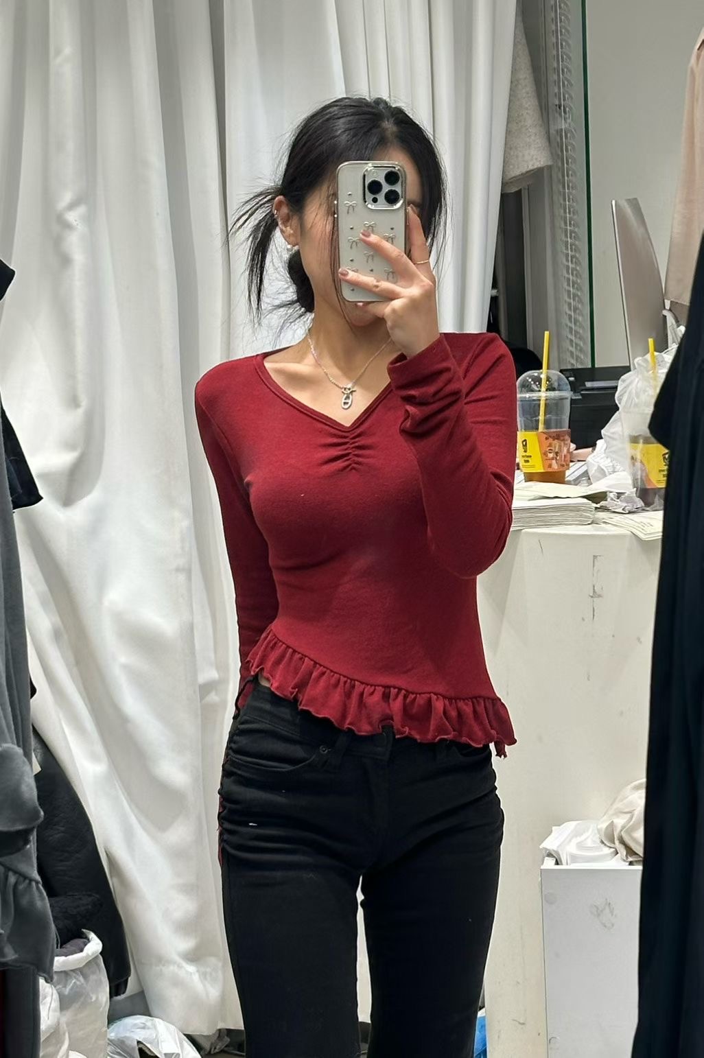 PLEASE/WW東大門直郵女士新款26春夏人氣職業長袖T恤褶皺PLEASE/WW長袖T恤