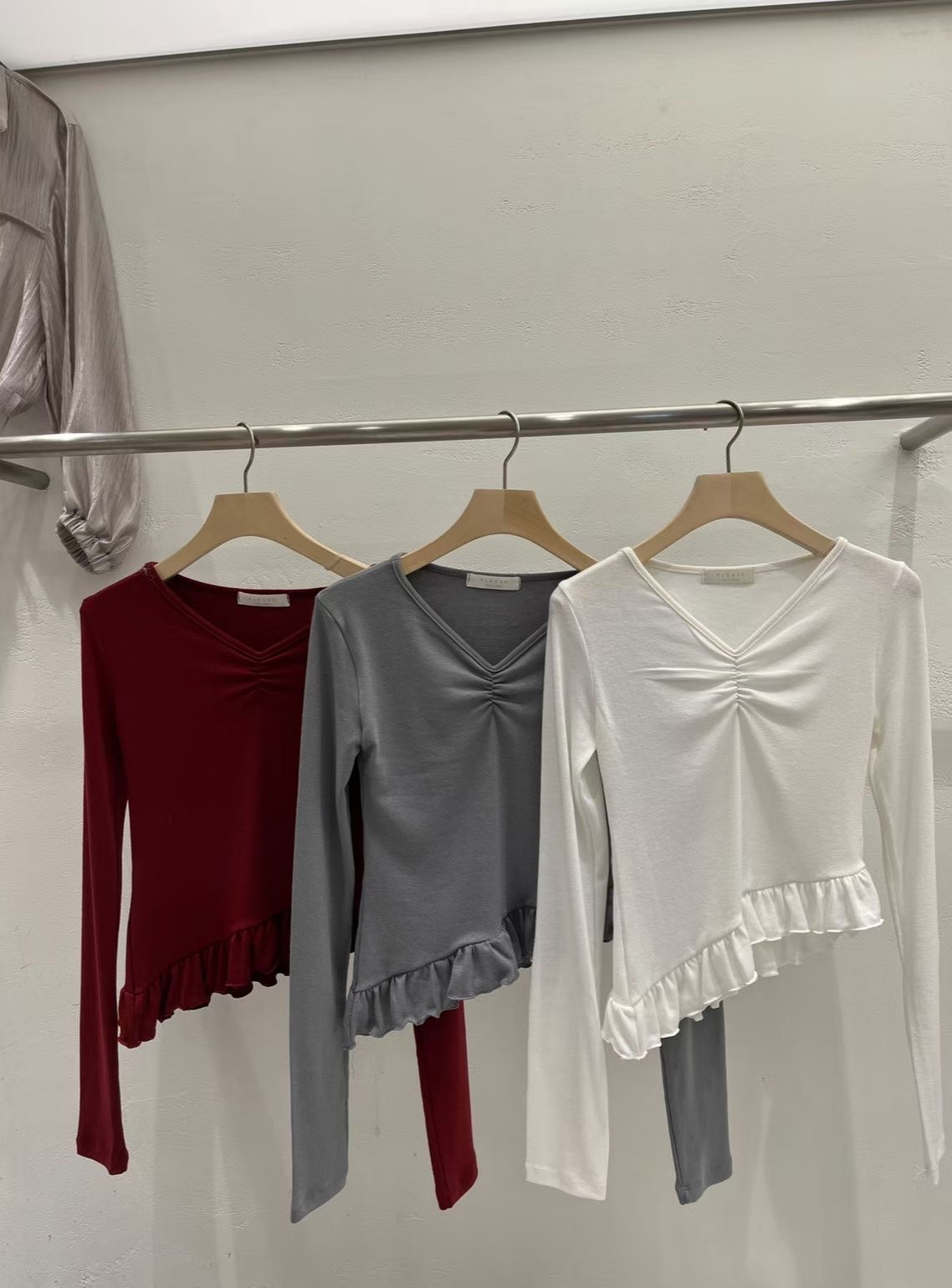 PLEASE/WW東大門直郵女士新款26春夏人氣職業長袖T恤褶皺PLEASE/WW長袖T恤圖色3左三色