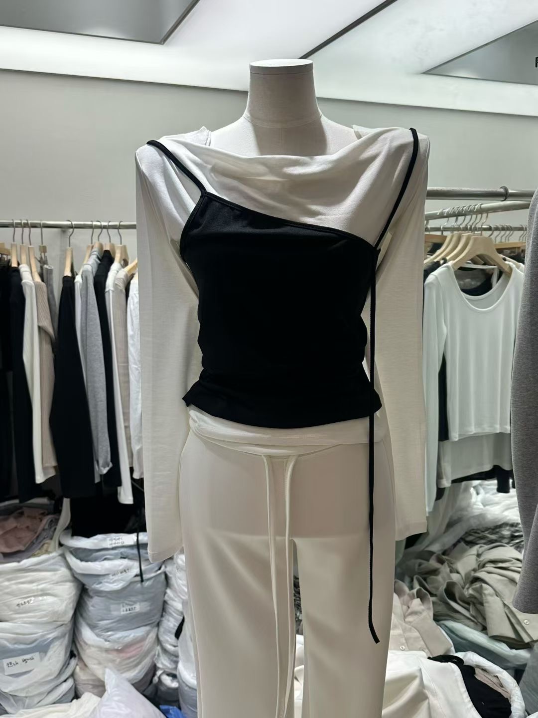 PLEASE/WW韓國直郵女裝新品真品推薦休閑人氣長袖T恤假兩件PLEASE/WW長袖T恤圖色2