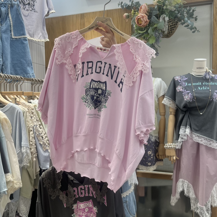 MARI CO韓國東大門直郵女裝新款熱賣26春夏人氣職業T恤蕾絲MARI COT恤圖色2