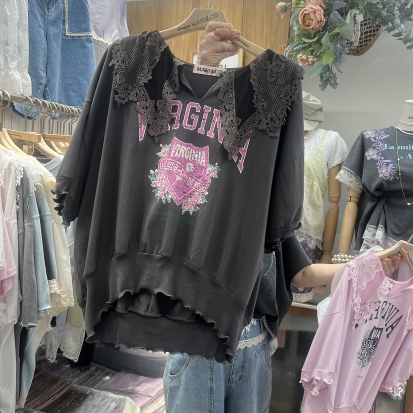 MARI CO韓國東大門直郵女裝新款熱賣26春夏人氣職業T恤蕾絲MARI COT恤圖色3