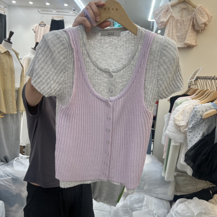 BEEN-A韓國直郵實拍女裝新品休閑職業熱賣T恤假兩件雙層BEEN-AT恤圖色2